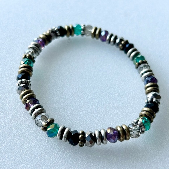 Stretch Bracelet with Multicolor Faceted Beads Gold and Silver Tone Spacers - Picture 4 of 8